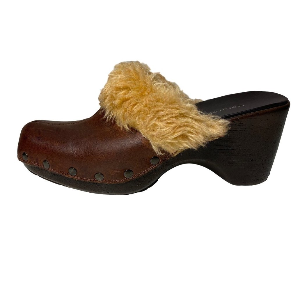 Naturalizer leather clogs mules heeled faux fur rivets brown casual Women's 6